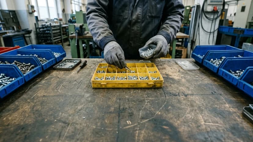 Ruce v pracovních rukavicích skládají drobné kovové díly na montážním stole, po stranách přepravky s dalšími díly.