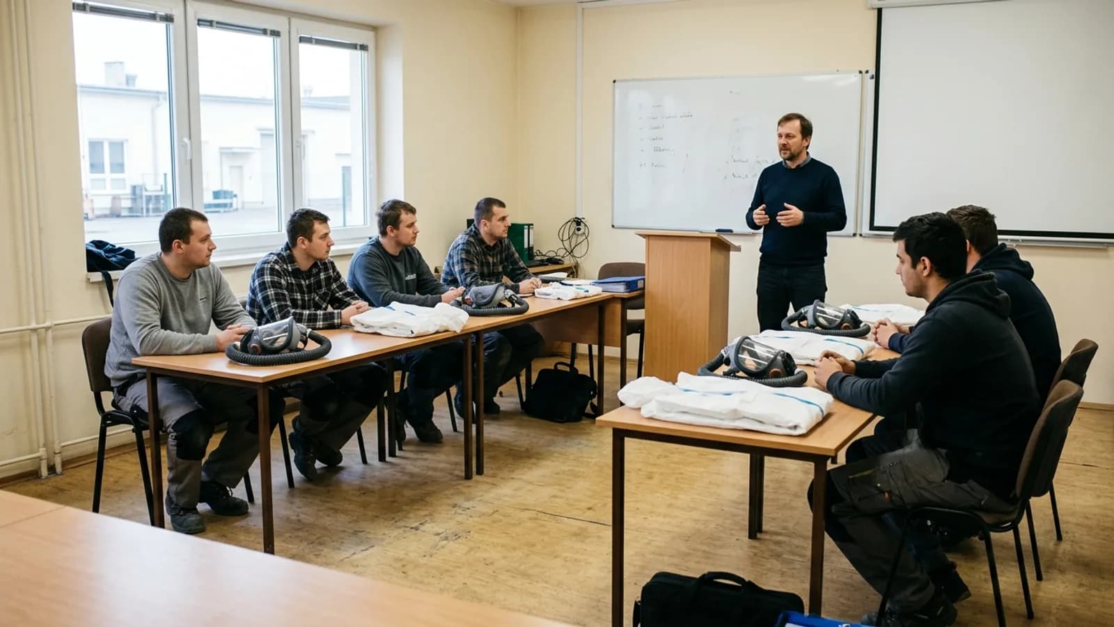 Školení v učebně, na stolech před posluchači leží celoobličejové respirátory a jednorázové kombinézy.