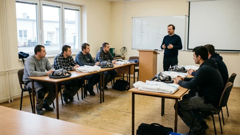 Školení v učebně, na stolech před posluchači leží celoobličejové respirátory a jednorázové kombinézy.