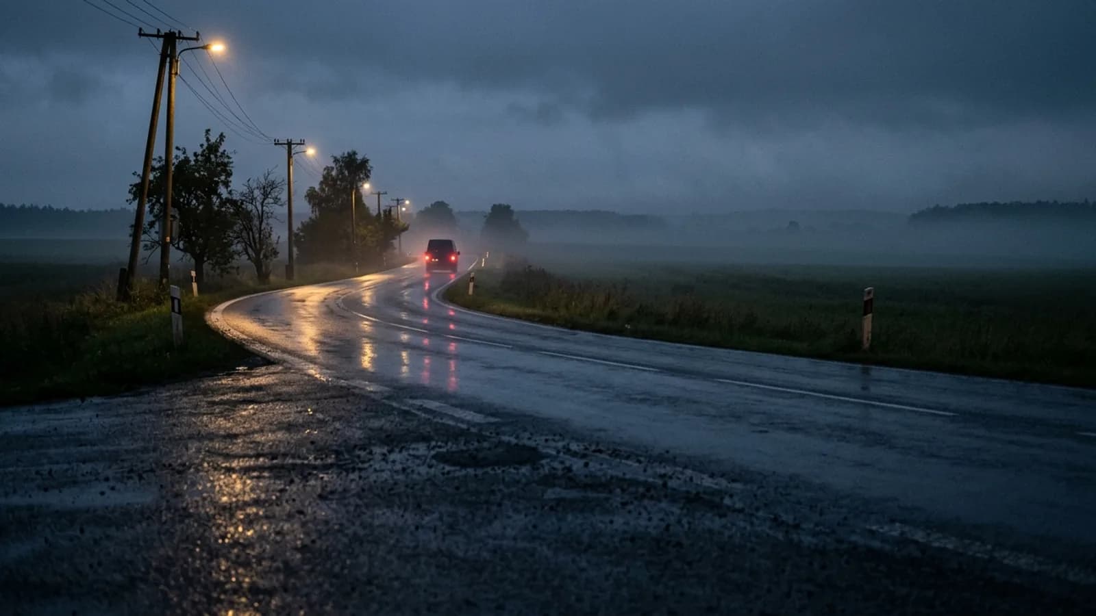 Mokrá silnice za soumraku s odlesky na asfaltu a vzdalujícími se světly dodávky.