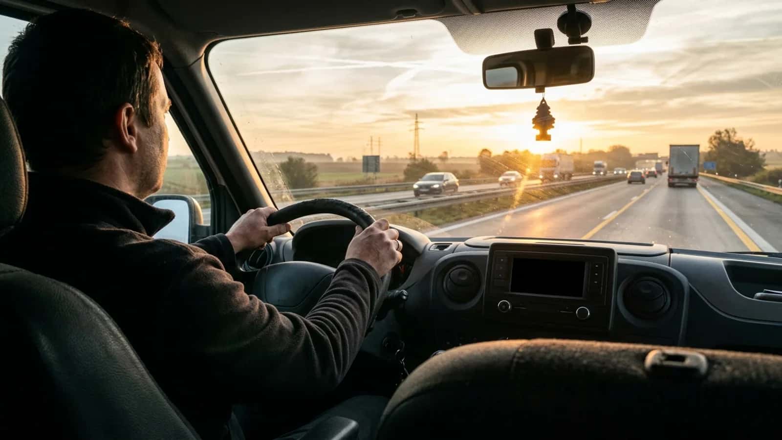 Pohled z kabiny dodávky na ranní dálnici, na palubní desce zhaslý přístroj.