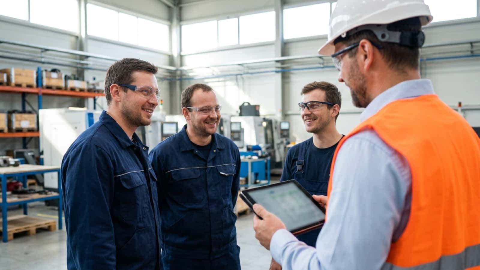 Bezpečák v reflexní vestě s tabletem mluví ve výrobní hale se třemi usměvavými pracovníky v modrých pracovních oděvech