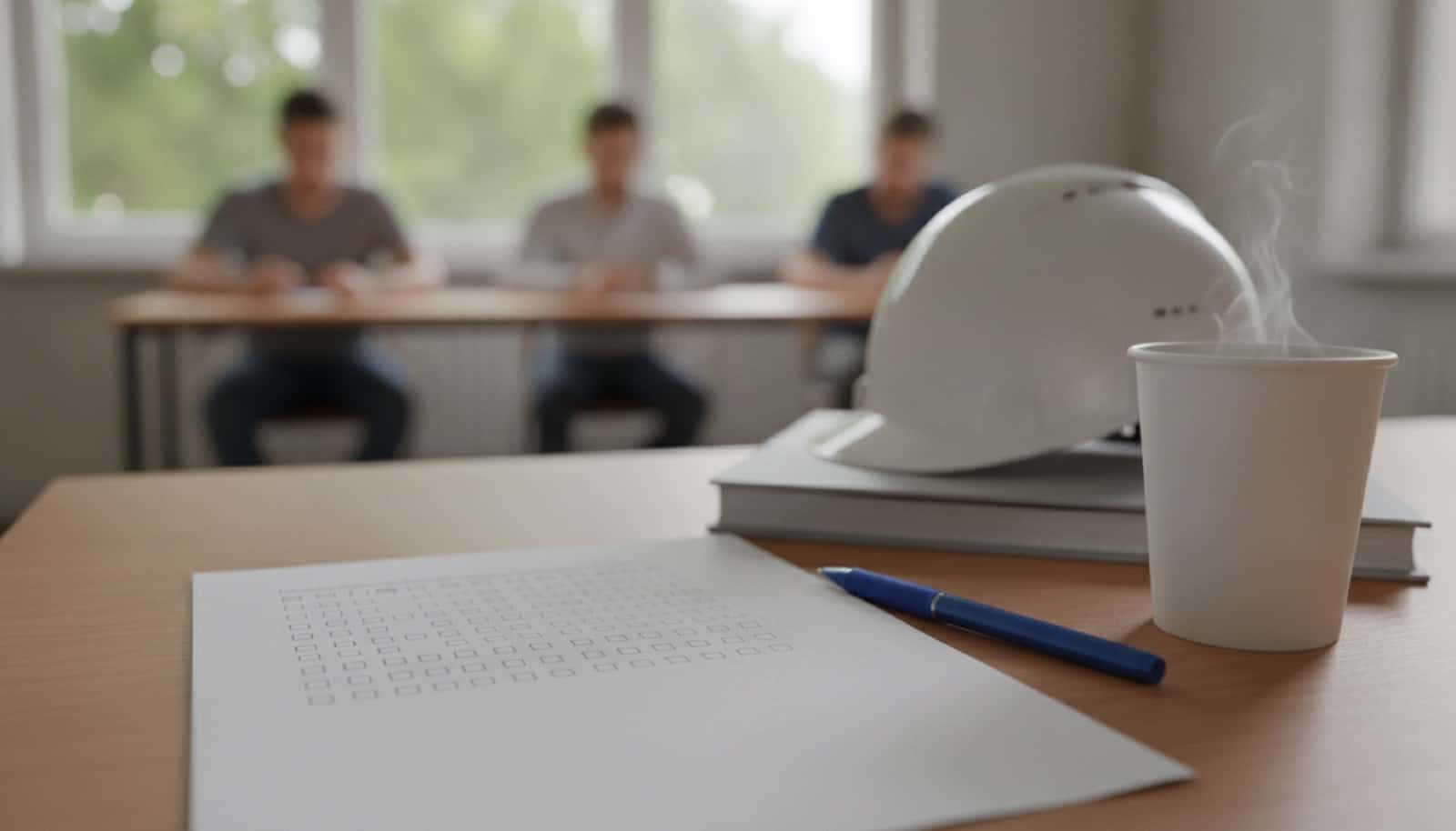 Zkušební test s políčky pro odpovědi, propiska, kelímek kávy a bílá ochranná přilba na stole, v pozadí neostře tři členové zkušební komise
