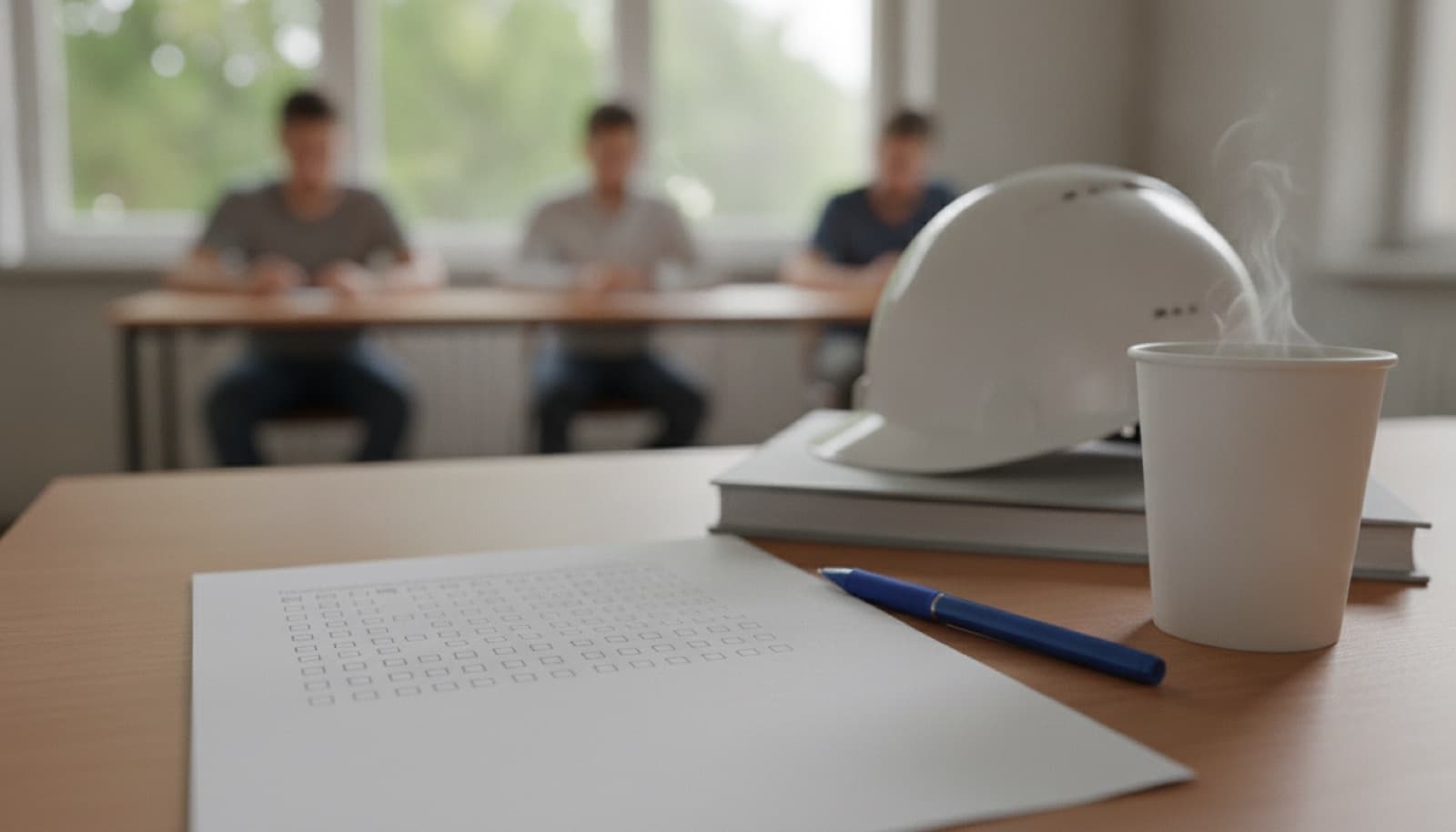 Zkušební test s políčky pro odpovědi, propiska, kelímek kávy a bílá ochranná přilba na stole, v pozadí neostře tři členové zkušební komise