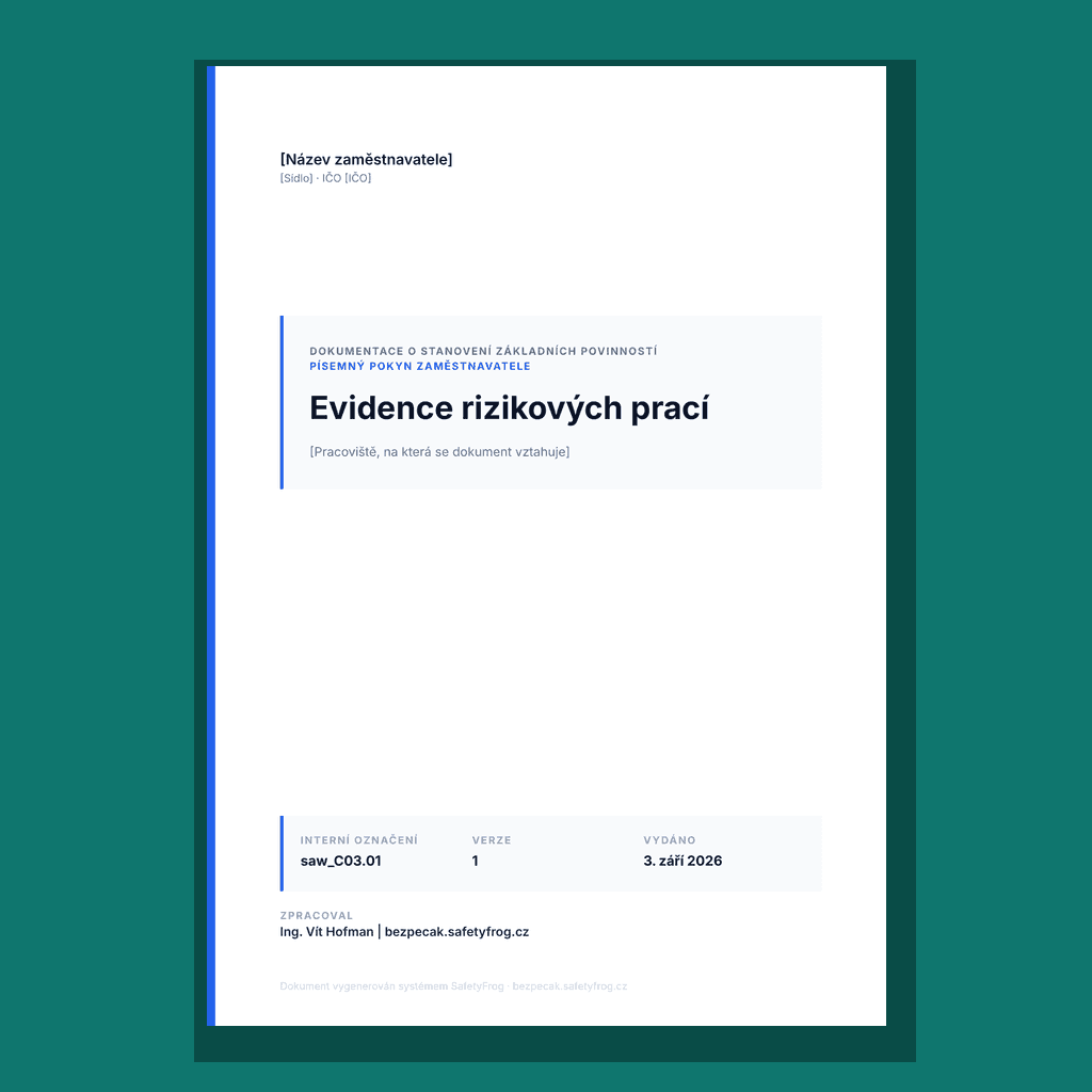 Vzor evidence rizikových prací podle § 40: pokyn, evidenční list zaměstnance, souhrnná evidence, protokol o předání
