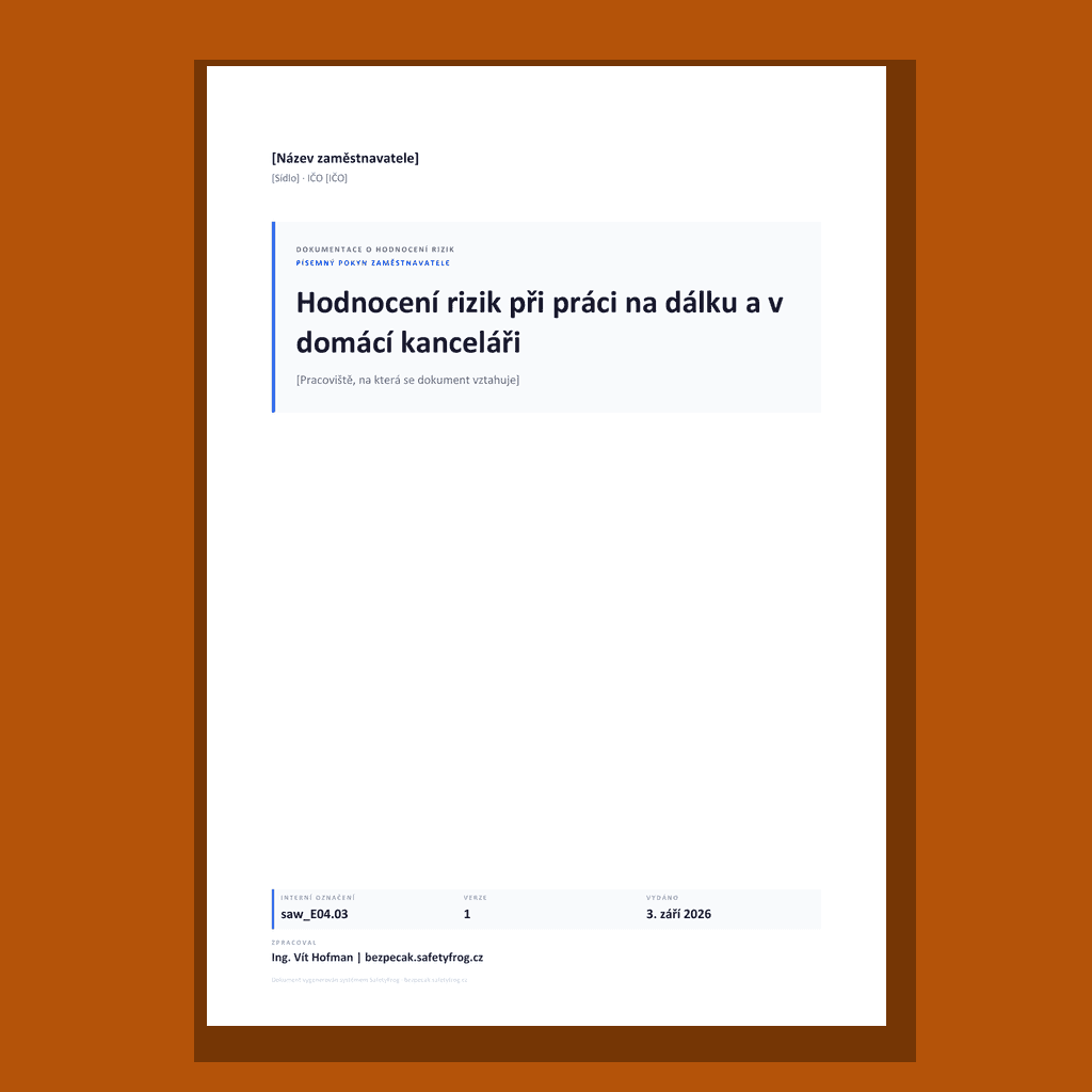 Vzor hodnocení rizik při práci na dálku a v domácí kanceláři: pokyn, kontrolní list home office s vyplněným vzorem, dodatek k dohodě o práci na dálku, záznam o úrazu