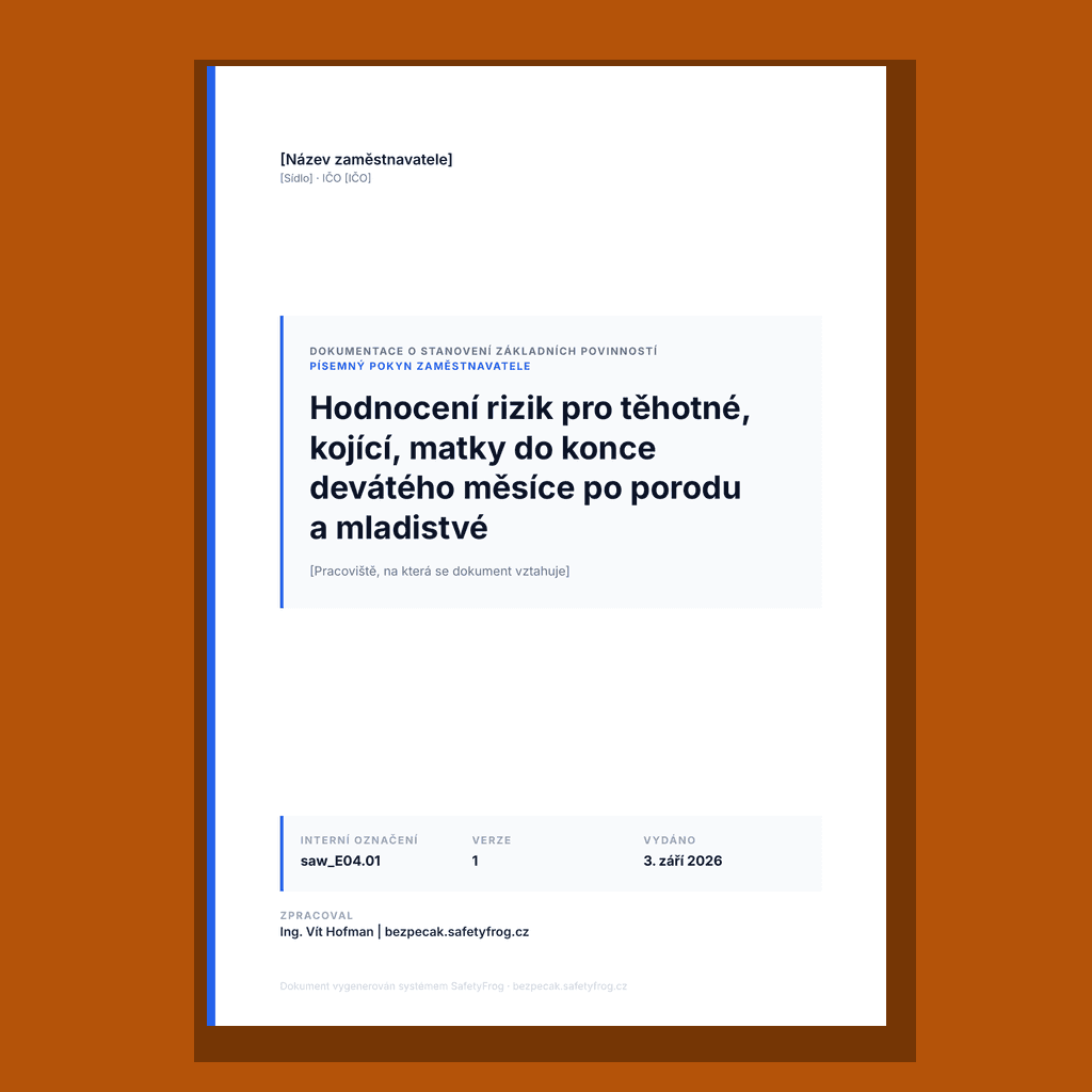 Vzor hodnocení rizik pro těhotné, kojící zaměstnankyně a mladistvé: zakázané práce, postup po oznámení, individuální hodnocení s vyplněným vzorem, seznam mladistvých