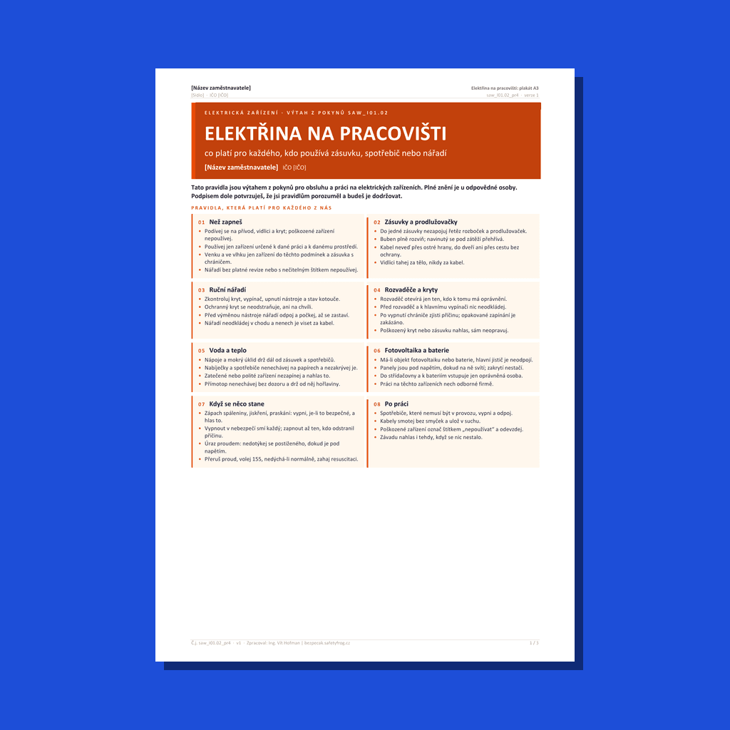 Plakát A3: Elektřina na pracovišti (výtah z pokynů)