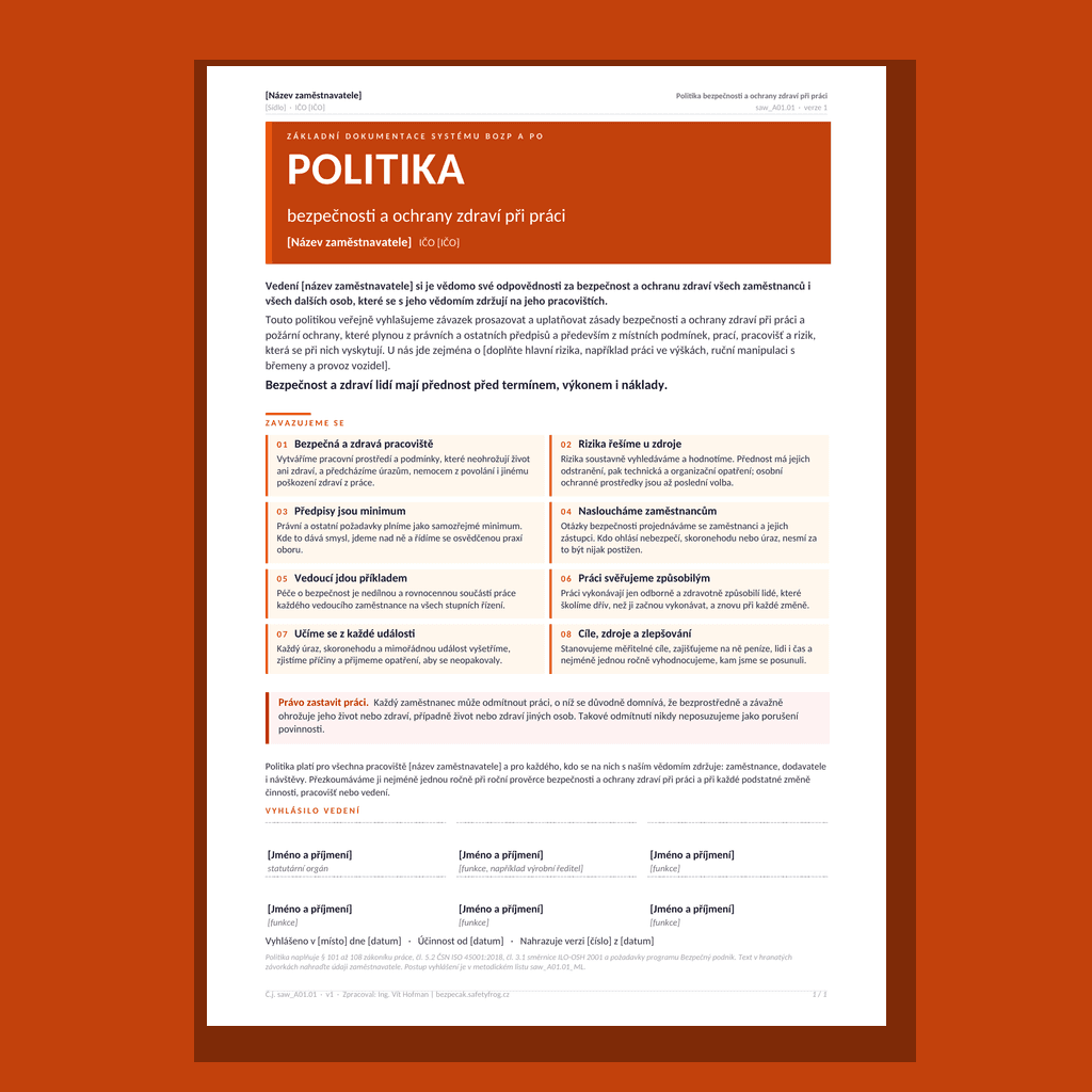 Balíček řady A: základní dokumentace systému BOZP a PO (politika, slovníček, registr předpisů, vedení dokumentace)
