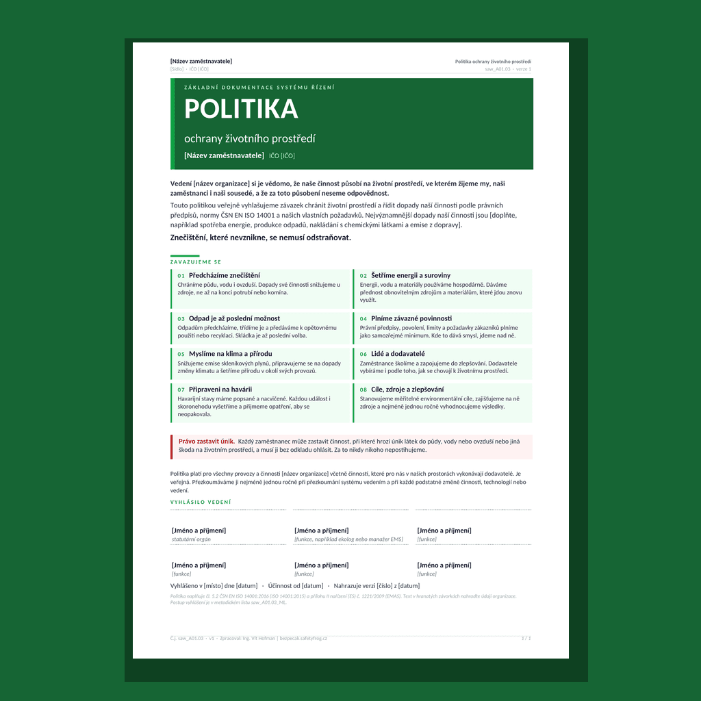 Vzorová politika ochrany životního prostředí (ISO 14001)