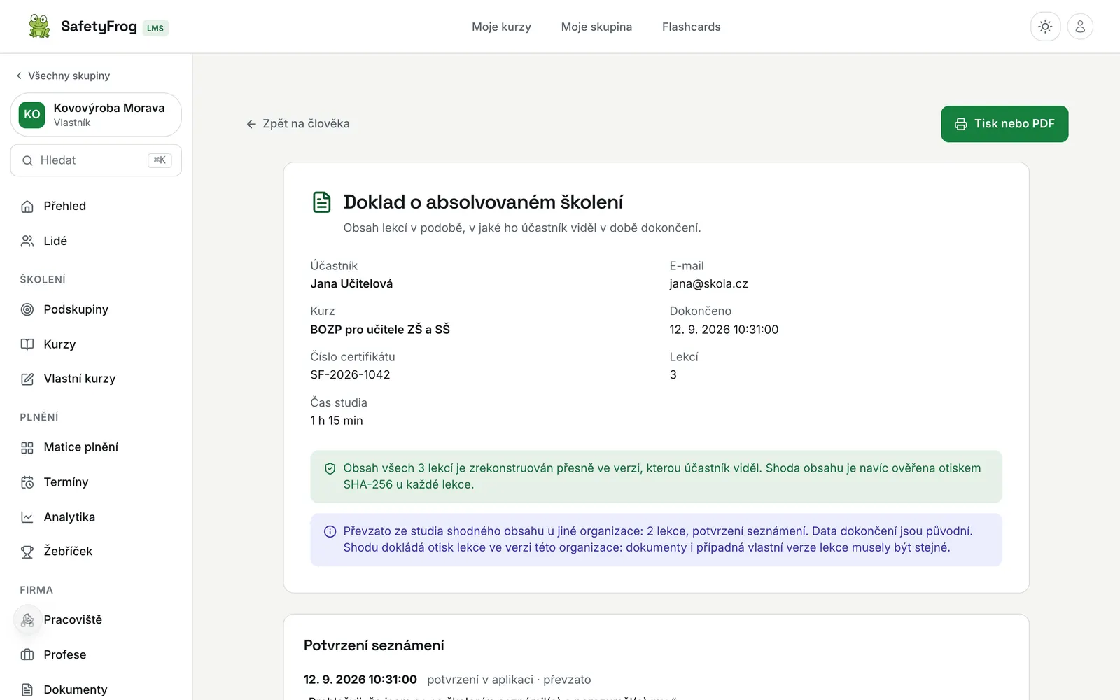 Doklad pro kontrolu: znění lekcí ověřené otiskem a potvrzení seznámení