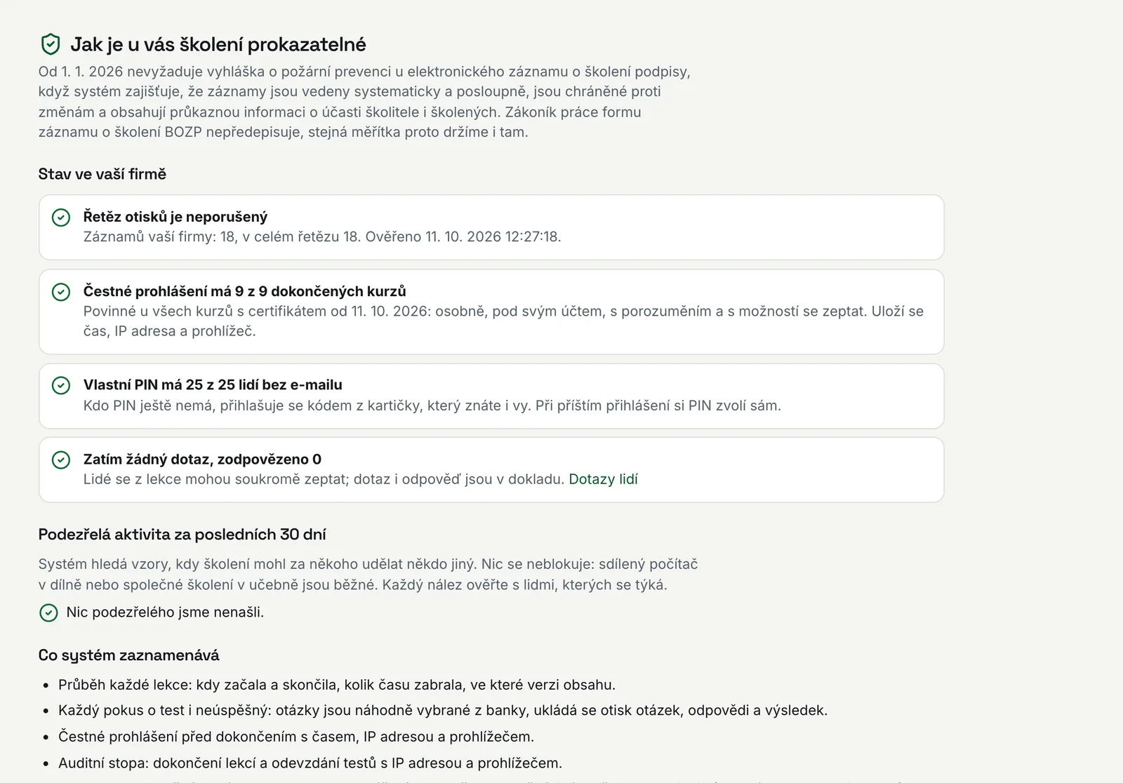 Prokazatelnost ve správě firmy: řetěz otisků, čestná prohlášení, vlastní účty a podezřelá aktivita