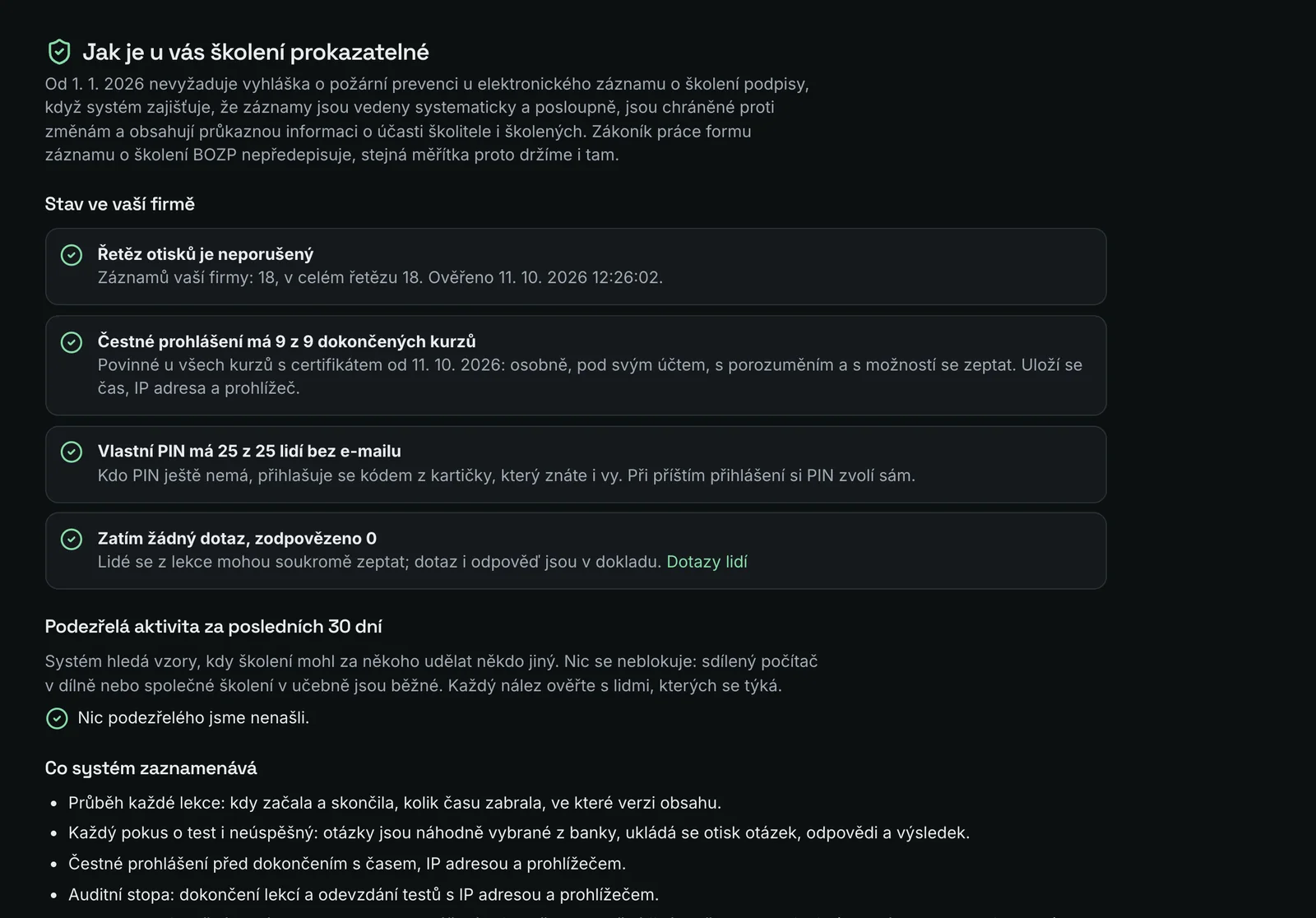 Prokazatelnost ve správě firmy: řetěz otisků, čestná prohlášení, vlastní účty a podezřelá aktivita