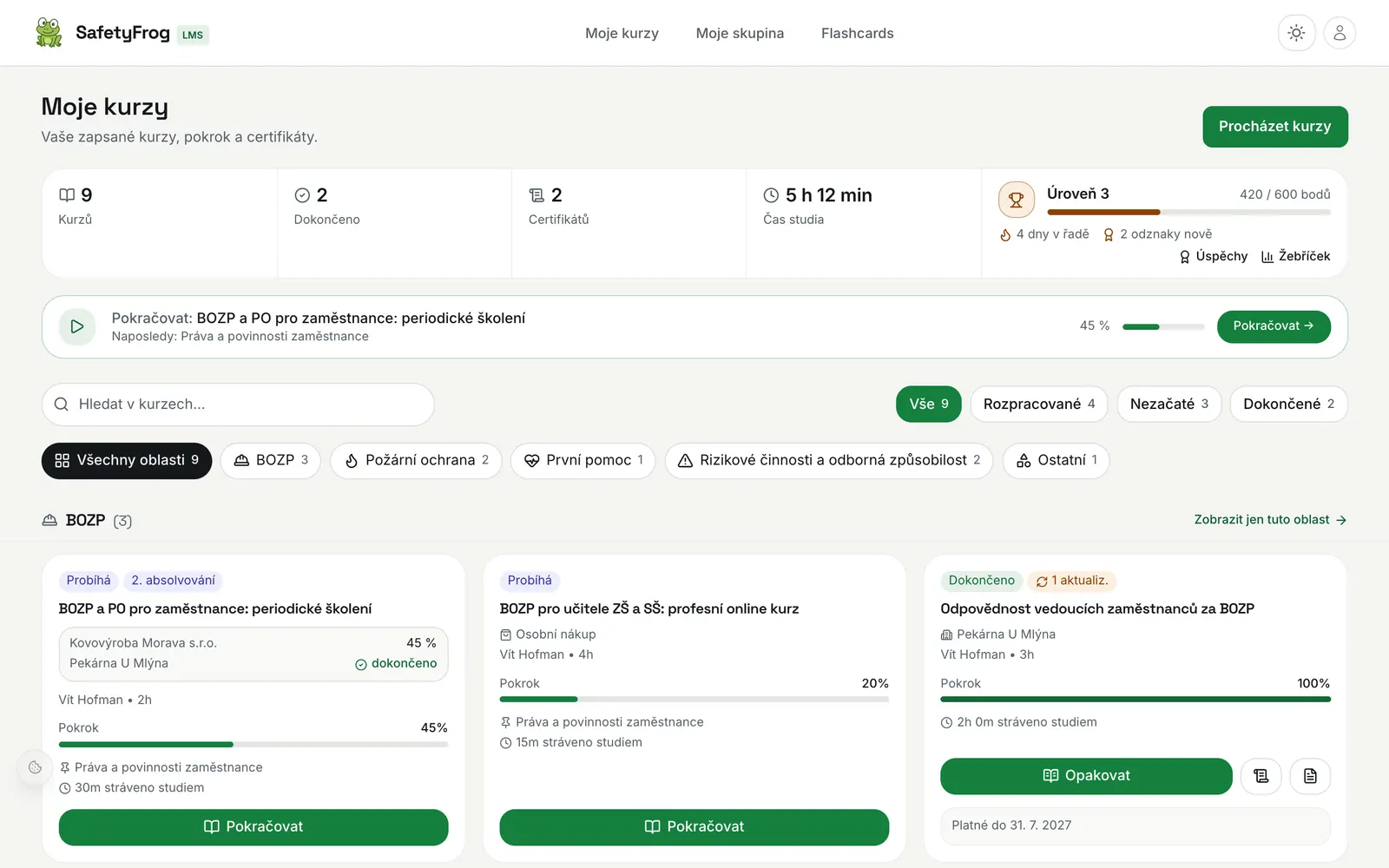 Moje kurzy: pokrok, úroveň a kde pokračovat