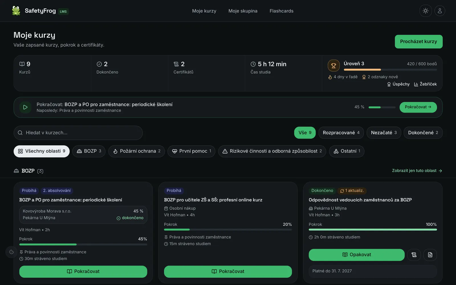 Moje kurzy: pokrok, úroveň a kde pokračovat