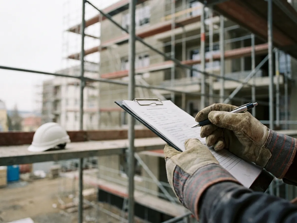 Ruka v pracovní rukavici drží desky s kontrolním zápisem na pozadí fasádního lešení.