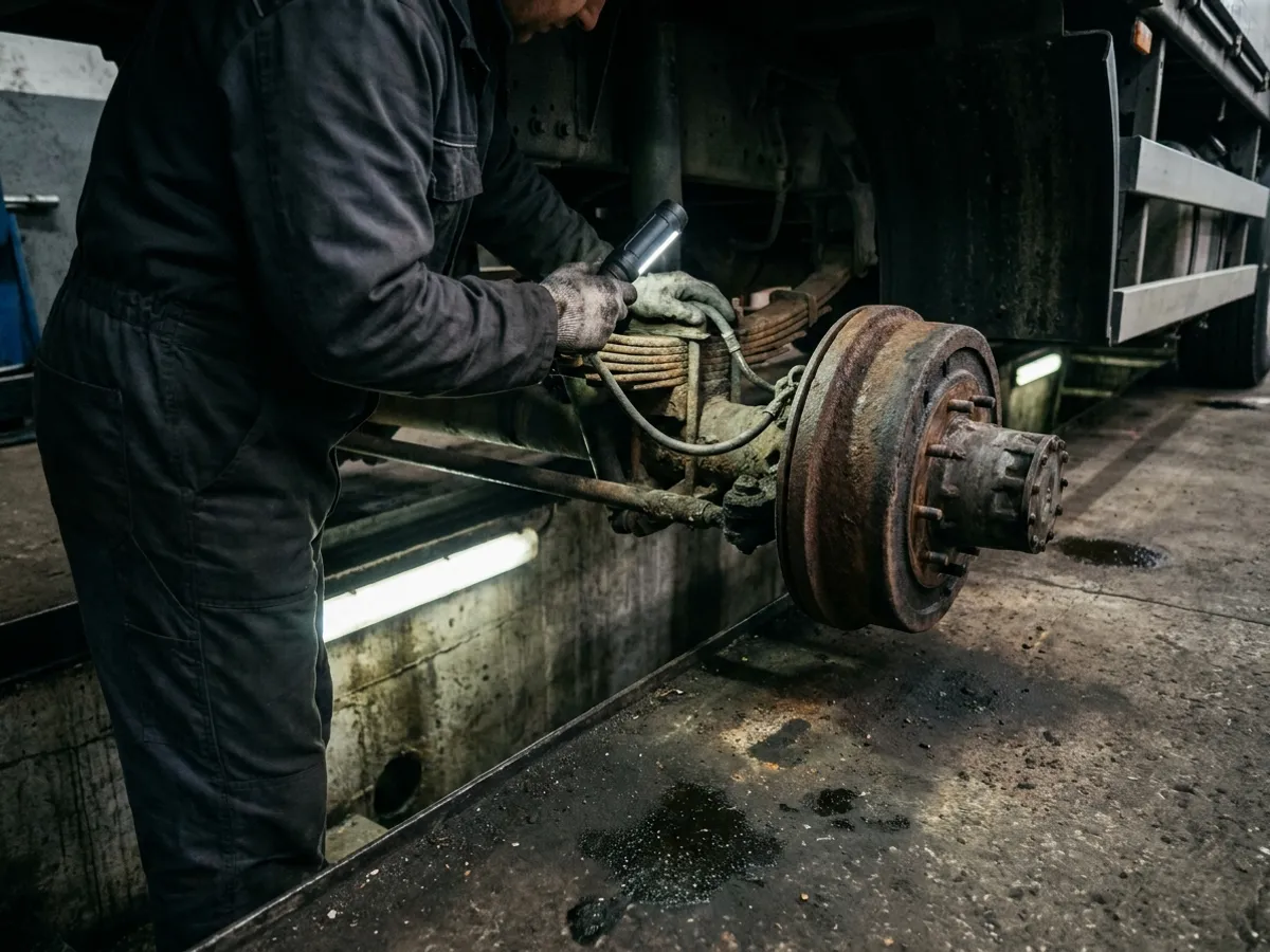 Mechanik kontroluje baterkou brzdy zadní nápravy nákladního auta.
