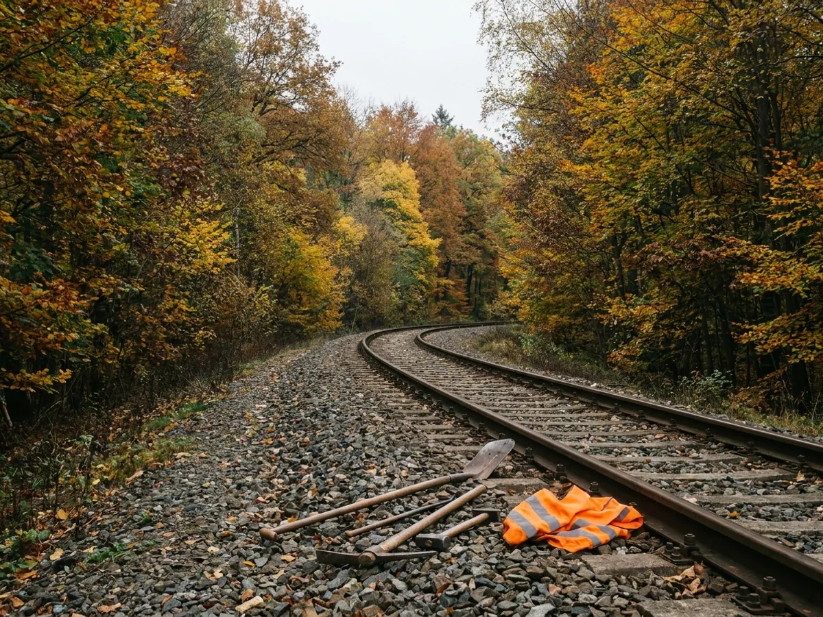 Železniční trať v oblouku mezi stromy, na štěrku u koleje leží ruční nářadí a reflexní vesta.