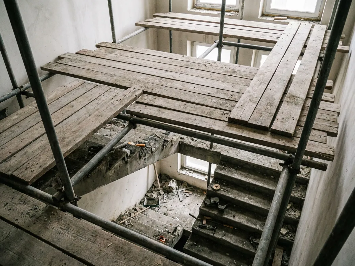 Pracovní podlaha lešení nad vnitřním schodištěm, bez zábradlí, podlážky položené na trubkách.