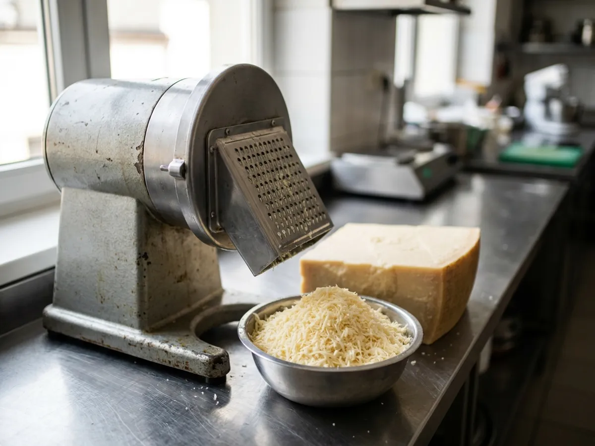 Kuchyňský robot se strouhací nástavbou na nerezové pracovní desce v kuchyni restaurace.
