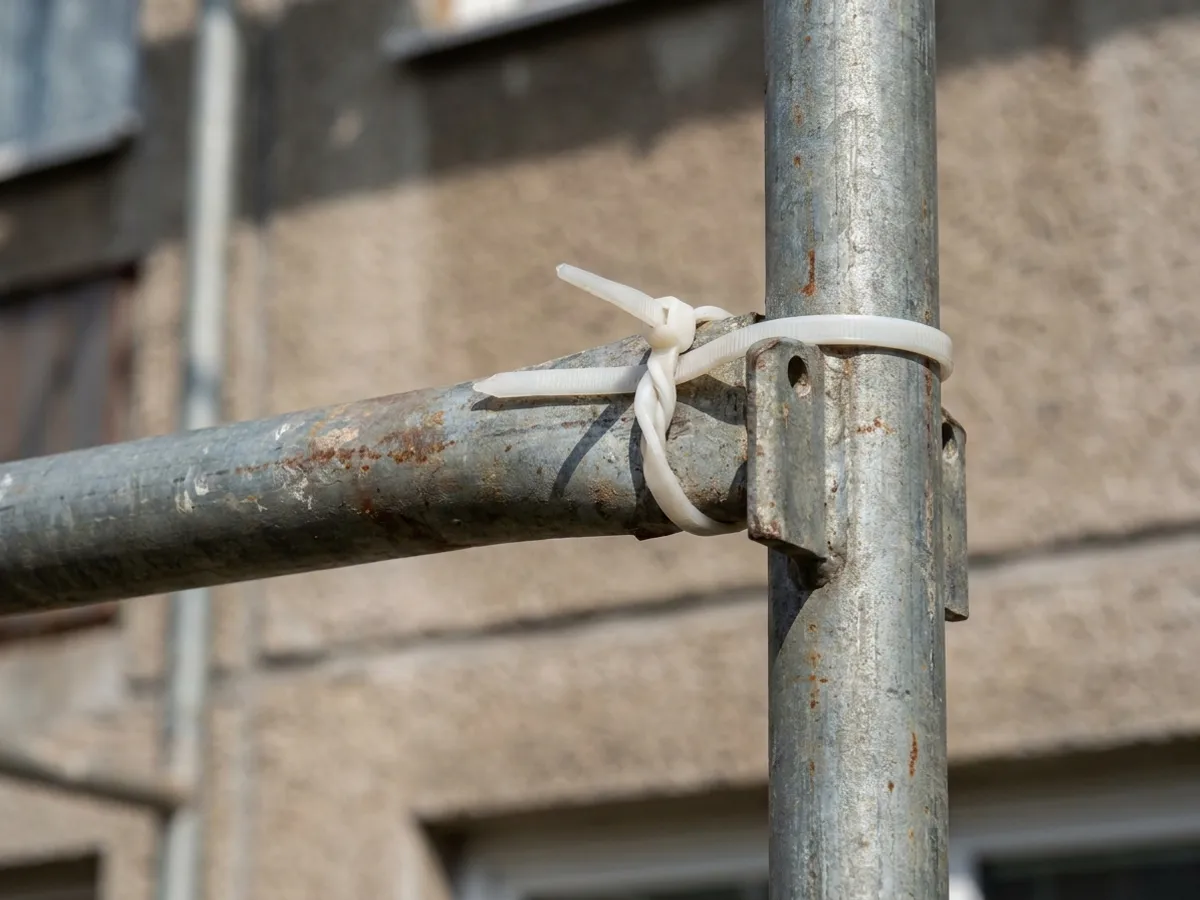 Detail zábradelní tyče lešení přichycené k rámu bílou stahovací páskou.